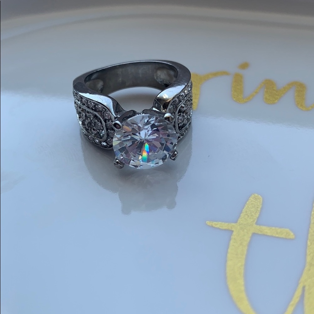 Silver large stone costume ring